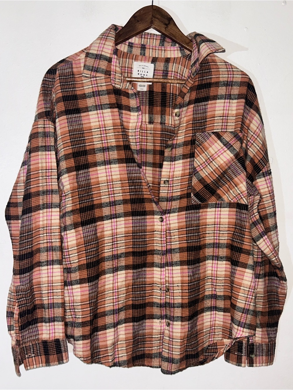 Billabong Best Time Oversized Plaid Flannel Shirt Warm Terracotta Pink Large